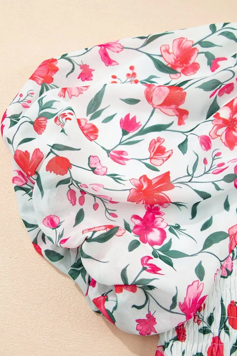 Pink Floral Puff Sleeve Square Neck Empire Waist Maxi Dress - Love Salve